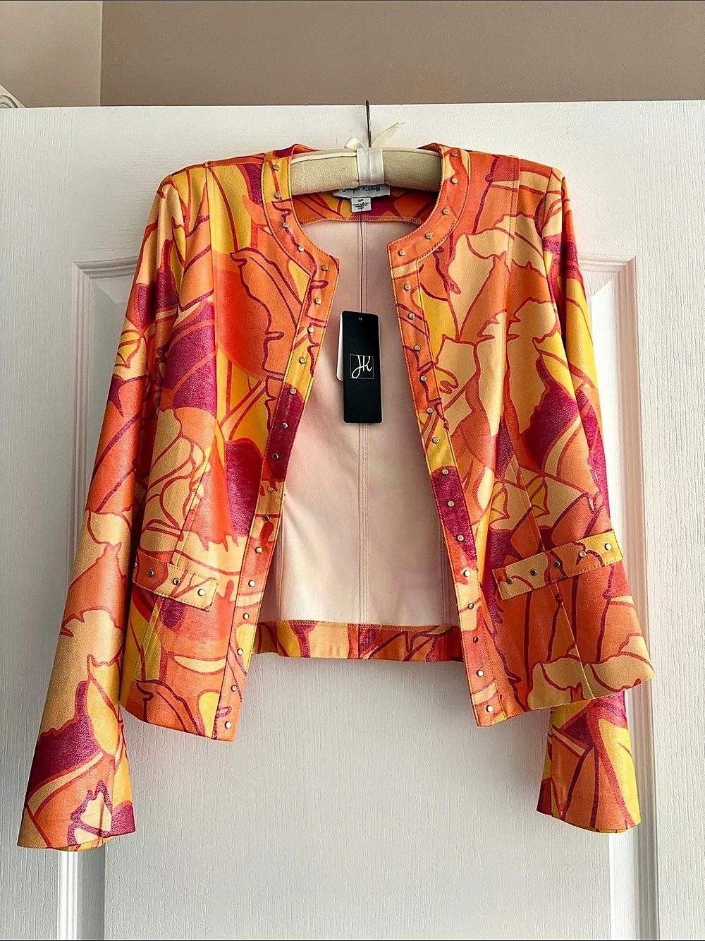 Joseph Ribkoff Jacket Abstract Print Jacket in Orange & Yellow Size Small